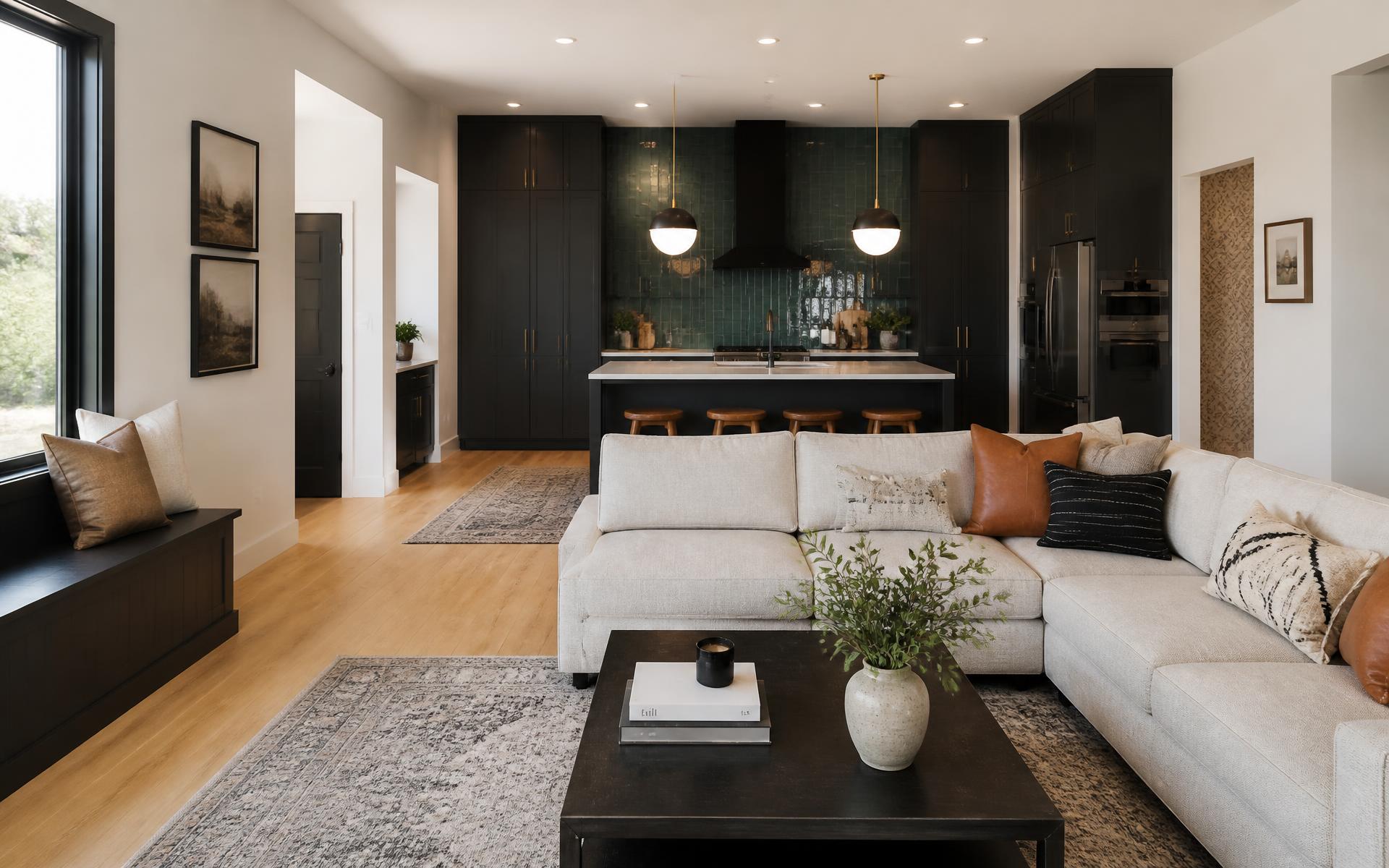 Remodeled open living room and kitchen with charcoal cabinetry and teal tile